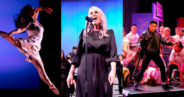 3 image collage of a ballet dancer, woman singing, and actors performing on stage.